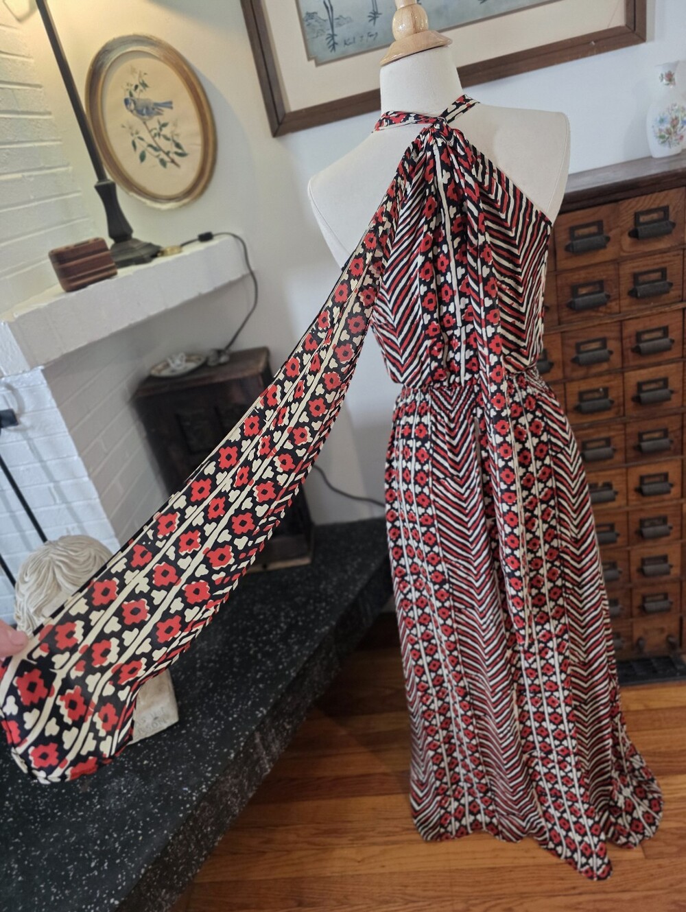 Parker 100% Silk Patterned Red And White Maxi Halter Dress Size Small - Picture 8 of 14